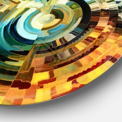 Abstract Round Metal Wall Art – Modern Blue & Yellow Geometric Paths Design – Gl