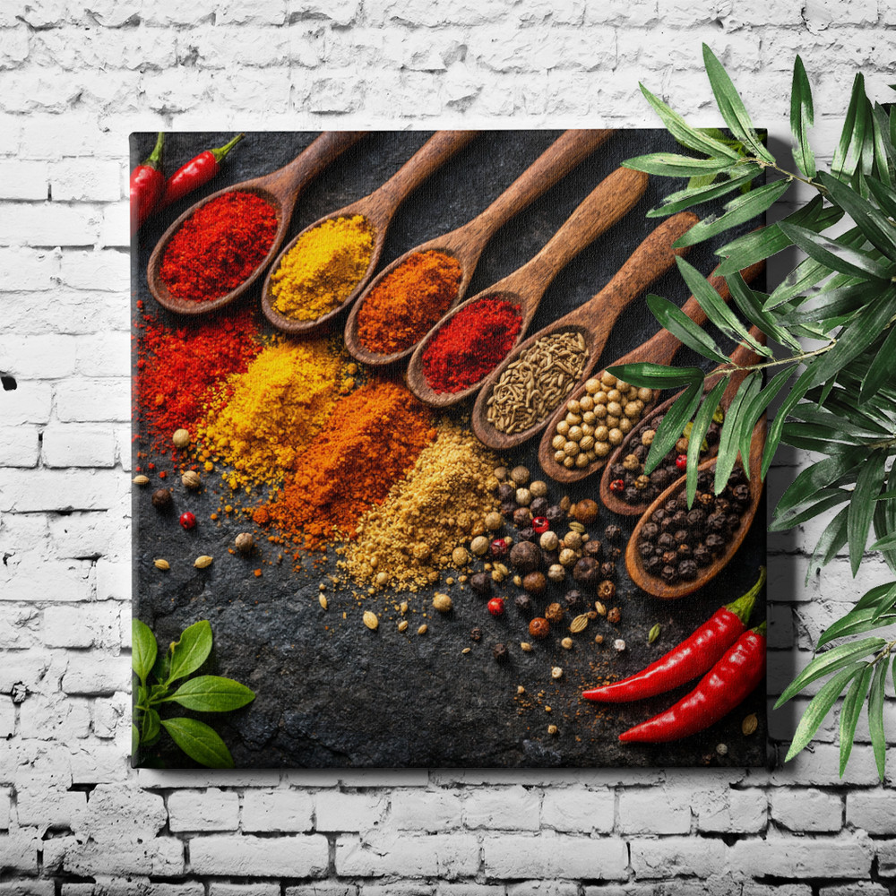 Spice still life Poster Print colorful powders spoons and red chilies