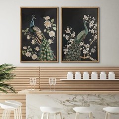Wall26 Peacock and Blossoms Vintage Animal Modern Framed Canvas Print Set of 2
