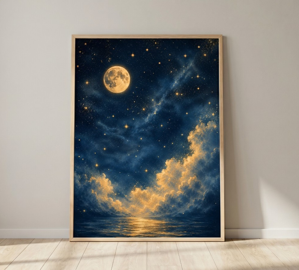 Vintage Full Moon Ocean Poster Celestial Starry Night Sky Sea Landscape Wall Art