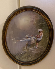 VINTAGE MAN AND BOY RIVER FISHING PICTURE FRAMED 22″ X 18″