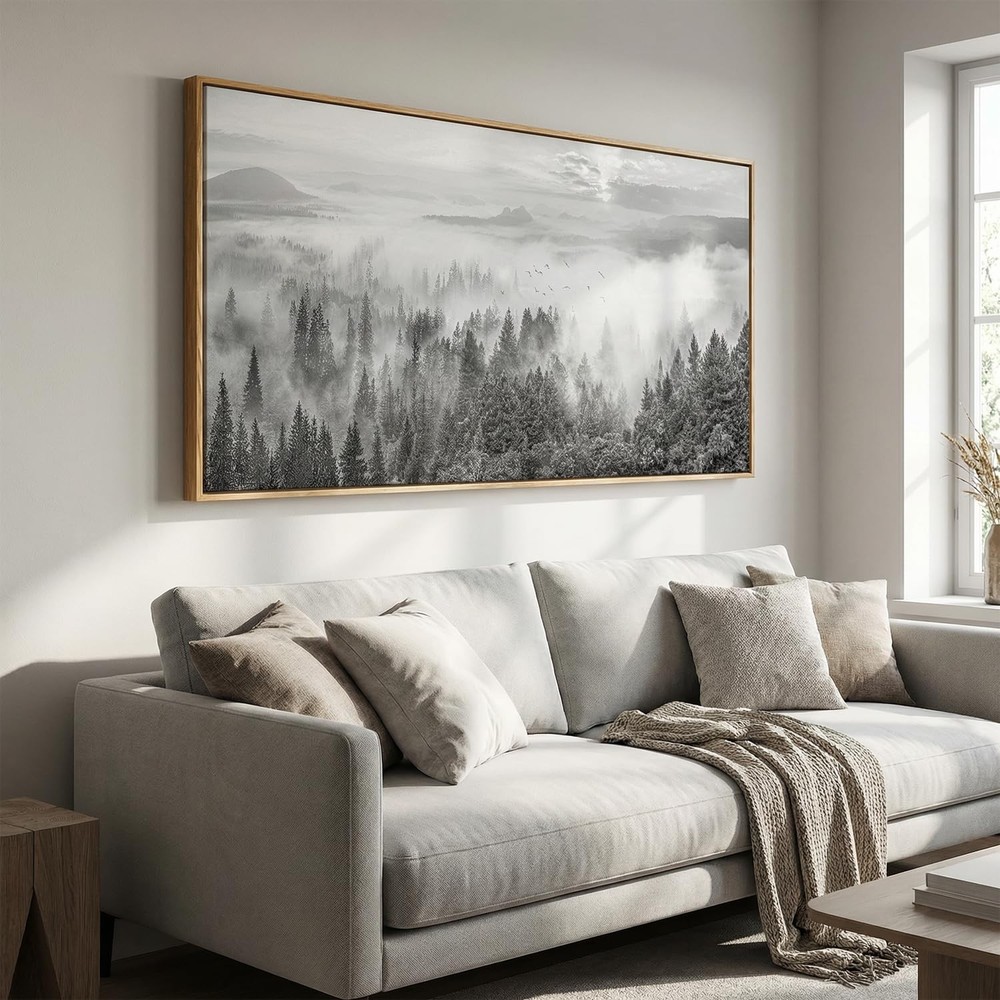 Large Foggy Forest Canvas Wall Art 30″x60″ Framed Modern Tree Painting for Li…