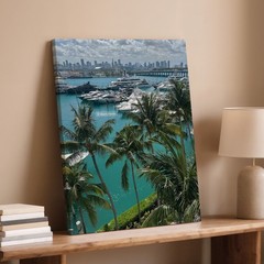 Miami Skyline And Marina Canvas Wall Art With Tropical Palm Trees Print Home