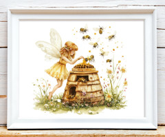 Fairy Wall Art Print, Fairy and Beehive Art Decor, Fantasy Wall Decor Print