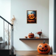 Vintage Halloween Wall Art 12×16 Inch Framed Pumpkin Picture for Living Room