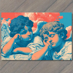 Art Print Classical Angels Resting Blue Orange Cloud Sky