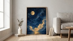 Vintage Full Moon Ocean Poster Celestial Starry Night Sky Sea Landscape Wall Art