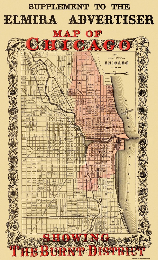 Historic City Map – Chicago Illinois Fire Burnt District – Colton 1871 –