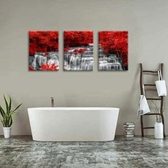 Black White and Red Waterfall Canvas Wall Art Trees Forest Painting Landscape…