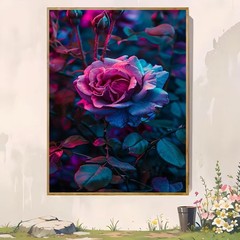 Framed Canvas Neon Blue Purple Rose Dark Moody Floral Decor