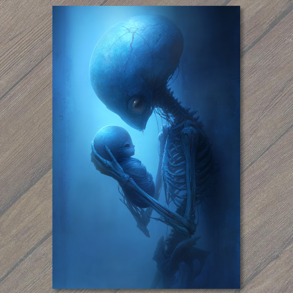 Art Print Blue Alien Parent Child Surreal Sci Fi Skeletal Embrace Dark Mood
