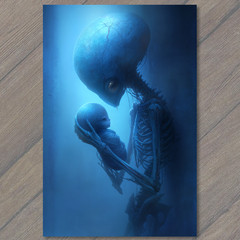 Art Print Blue Alien Parent Child Surreal Sci Fi Skeletal Embrace Dark Mood