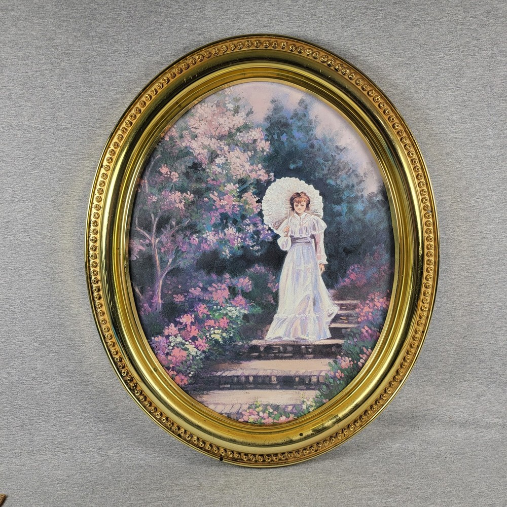 Vintage Victorian Framed Print Amelia’s Garden Floral Lady 29″ x 24″ Homco Brass