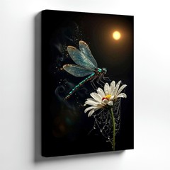 Wall Art Dragonfly on Daisy Flower Moonlight Fantasy Nature Print Home Decor