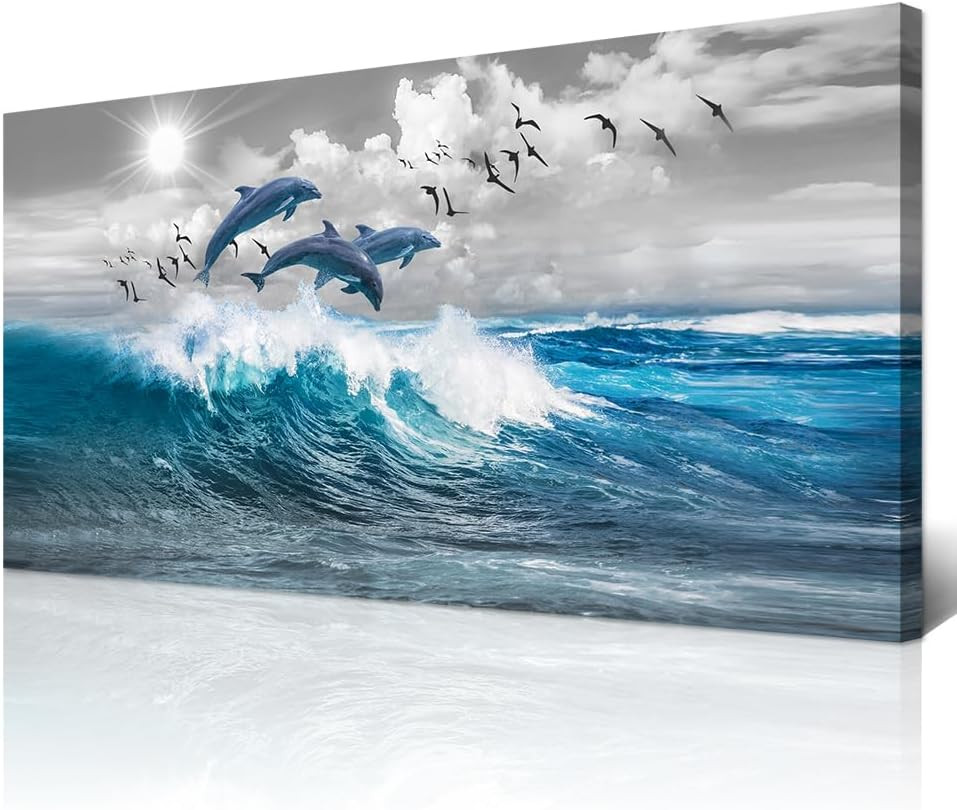 Large Blue Wave Canvas Art – Framed Dolphin Wall Decor for Living Room & Office