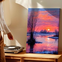 Botanical Canvas Winter Sunset Landscape Pink Sky River Minimalist Office Decor