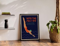 Swimmer Poster Featuring Retro Art Deco Style Sea Swimming Scene Elegant Motion