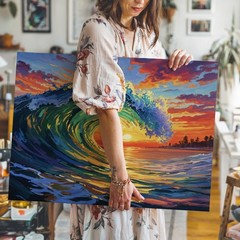 Vibrant Ocean Wave Sunset Coastal Beach Waves Seascape Modern Wall Art Print