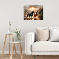 Wild Horses River Sunset Canvas Wall Art Print Western Nature Landscape Decor