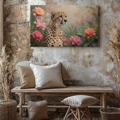 Cheetah in Soft Floral Garden Scene Canvas Wall Art Nature Wildlife Decoration