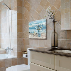 Bathroom Decor Wall Art Blue Beach Picture Ocean Theme Flower Canvas Print Moder