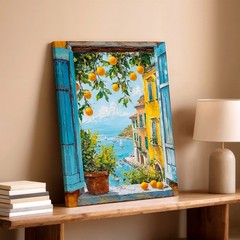 Wall Art Coastal Window View Orange Tree Mediterranean Seascape Canvas Print