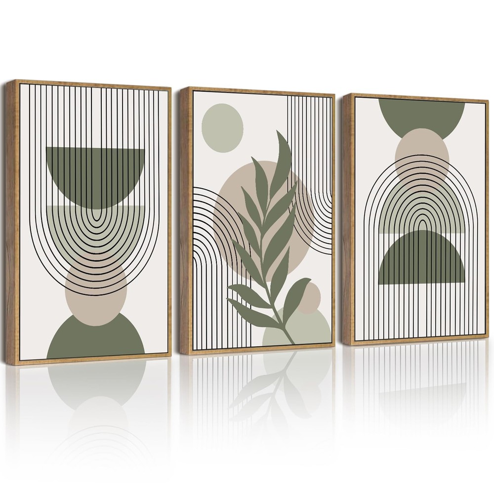 11x14in Boho Wall Art Green Sage Decor Framed Wood Modern Bohemian Abstract G…