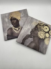 8×8 In. Wall Art Canvas African American Women Gold and Black Turban 2 Piece Set