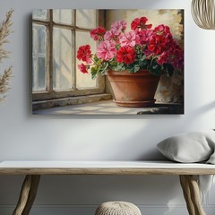Red and Pink Geraniums in Pot by Window Canvas Wall Art Decor Print Canvas Print