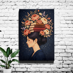 Woman with books and flowers Art Print, soft surreal hand drawn portrait