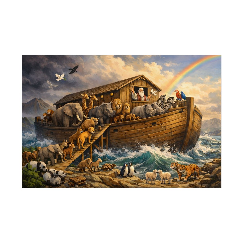 Noah’s Ark Animals Rolled Poster | Rainbow, Elephants, Lions, Birds
