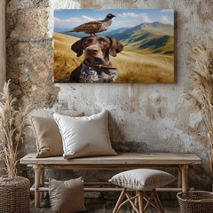 Dog with bird on head wildlife nature canvas wall art mountain landscape decor