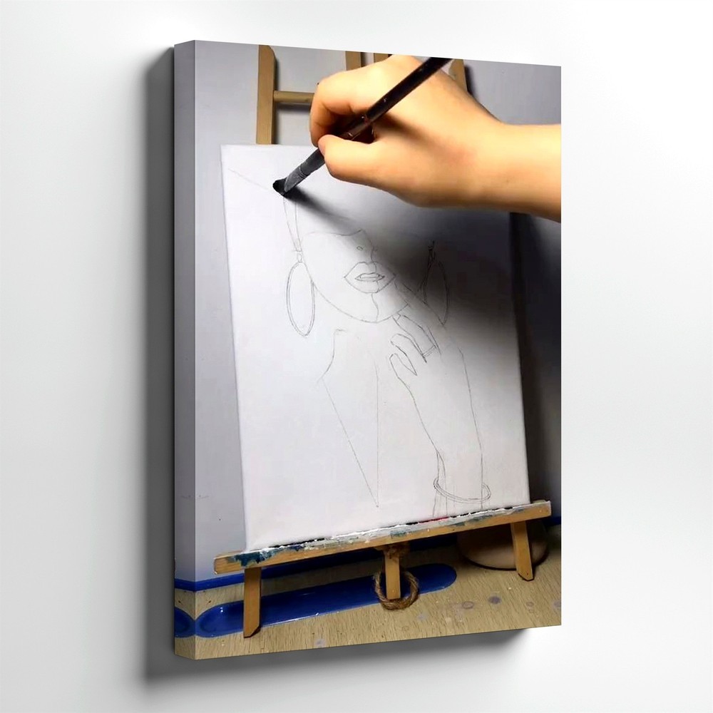 Wall Art Woman Portrait Sketch Canvas Drawing Hand Painting Studio Decor Piece