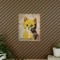 Vintage CAT Meow or Never Wall Art, Retro Kitten Cute Animal Decor, Yellow Cat