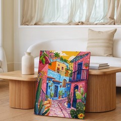 Colorful Mediterranean Street Scene Canvas Wall Art Vibrant Village Print Home