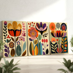 3 Pieces Mid Century Modern Floral Large Wall Art Set for Bedroom Set Of 3