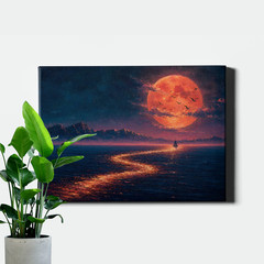 Surreal blood moon ocean nightscape painting Canvas Art