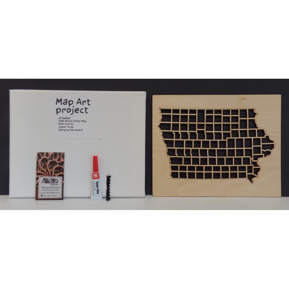Iowa Map Craft Kit Natural Wood Laser Cut & Canvas 8×10 Wall Decor USA #M05