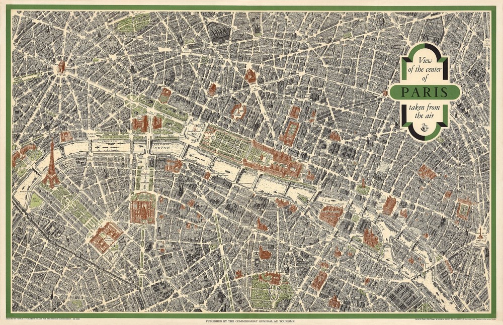 AERIAL VIEW MAP OF THE CENTER OF 1959 PARIS ART POSTER