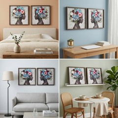 Set of2 Floral AfrocentricWomanWall Art 12×12 CanvasPrints ModernBlack Art Decor
