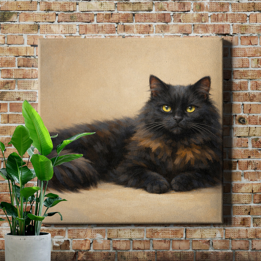 Long haired black cat Canvas Art with warm amber eyes portrait