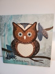 Owl Canvas Artwork picture Love is spoken here Aqua Brown Hanging 10×10 Inch
