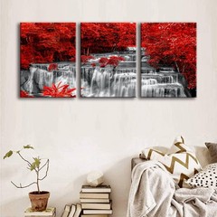 Black White and Red Waterfall Canvas Wall Art Trees Forest Painting Landscape…