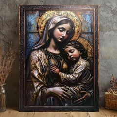Virgin Mary and Child Framed Canvas Wall Art Catholic Madonna Christian Decor