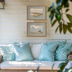 Framed Vintage Coastal Landscape Wall Art Set of 2, Retro Blue and White Stri…