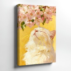 Wall Art White Cat Under Pink Blossom Flowers Painting Floral Animal Print Decor