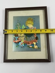 Vintage Christmas Foil Art Print Girl Teddy Bear Cat Framed Holiday Wall Decor