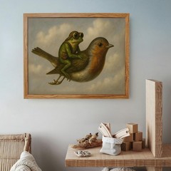 Funny Frog Riding Bird 08×10 inch Framed Modern Nature Wall Art Cute Whimsica…