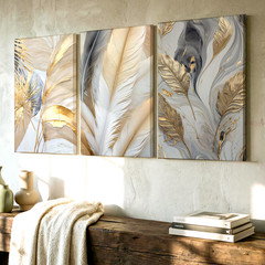3 Pieces Abstract Feather Leaf Large Wall Art Set for Living Room Set Of 3