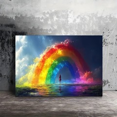Girl Standing Under Giant Rainbow Dreamy Cloud Canvas, Fantasy Kids Room Wall